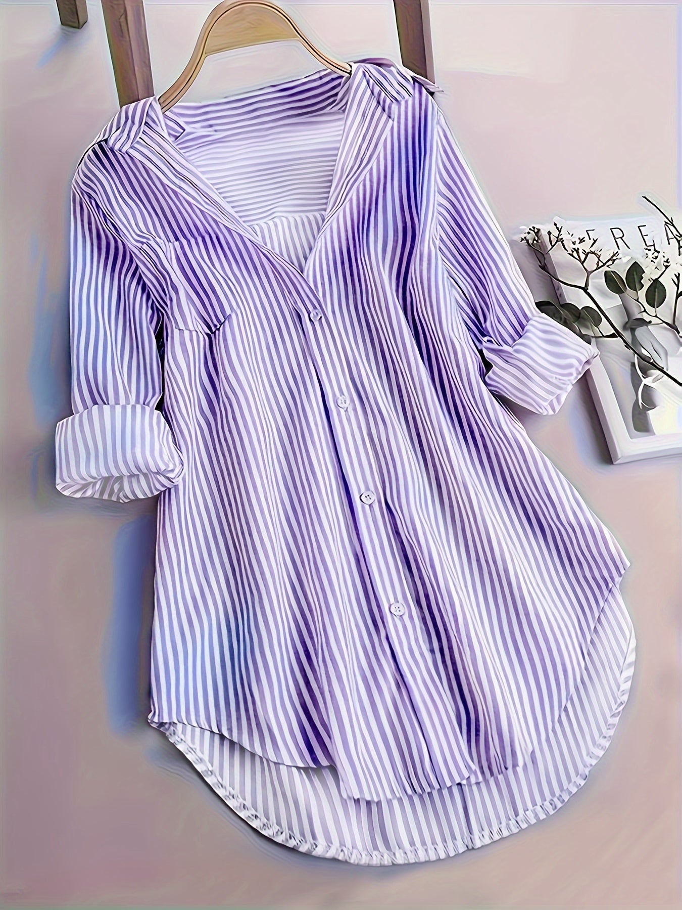 Elegant Striped Shirt for Women, Fashionable Long-Sleeve Top with a Collar