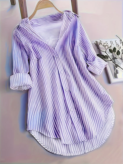 Elegant Striped Shirt for Women, Fashionable Long-Sleeve Top with a Collar