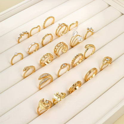 A Set of 22 Stylish Vintage Rings Featuring Leaves, Eyes, Moons, Crosses, Rhinestones, And Faux Pearls, Perfect for Parties, Dates, And Everyday Wear