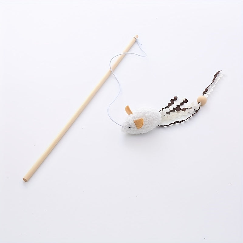 Interactive Plush Mouse Cat Teaser Stick with Wooden Rod - Fun and Engaging Toy for Cats