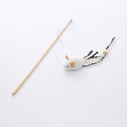 Interactive Plush Mouse Cat Teaser Stick with Wooden Rod - Fun and Engaging Toy for Cats