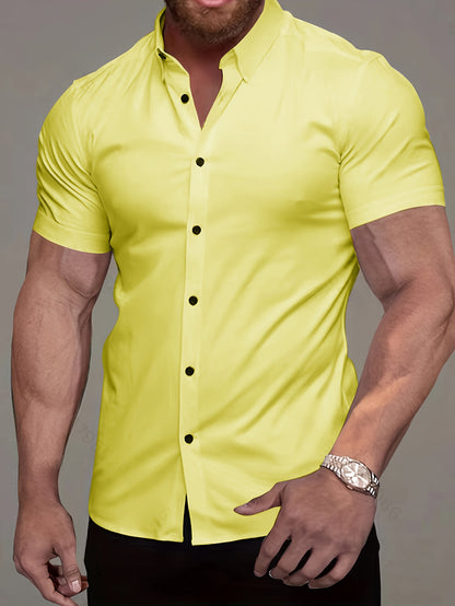 Muscle Man Fitness Short Sleeve Lapel Shirt | Non-Stretch, Solid Color, Button Detail, Summer Business Casual Non-Iron Shirt