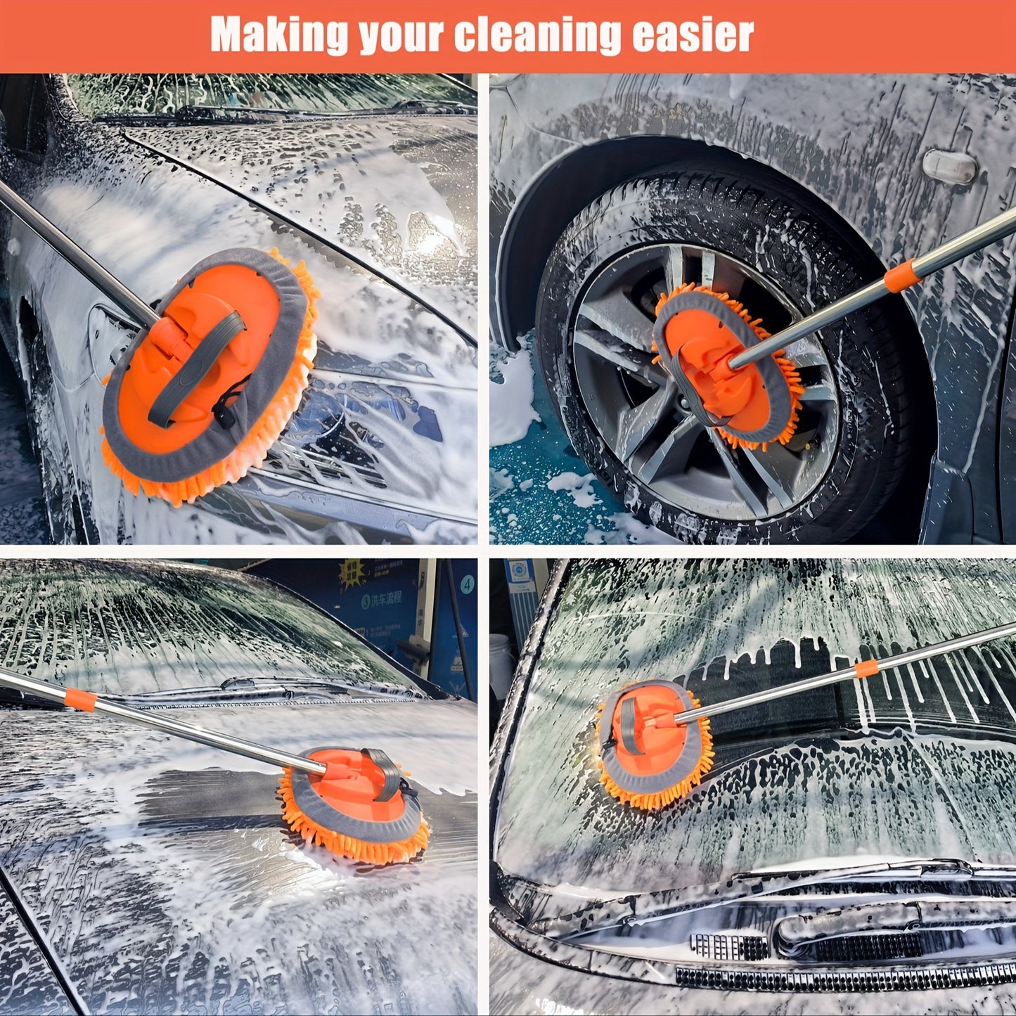 47.5Inch Microfiber Car Wash Brush Mop Set, Chenille Microfiber Sponge Duster No Paint Damage No Scratches, Long Handle Kit 2in 1 for Cleaning Cars, Trucks, SUVs, RVs, Trailers, Boats