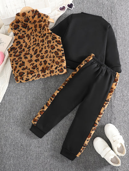 3pcs Girls' Casual Set/Plush Heart Jacquard Vest+Heart Embroidery Top+Plush Patchwork Pants/Warm Autumn Winter Fashion/Perfect for Outings Outdoor Activities