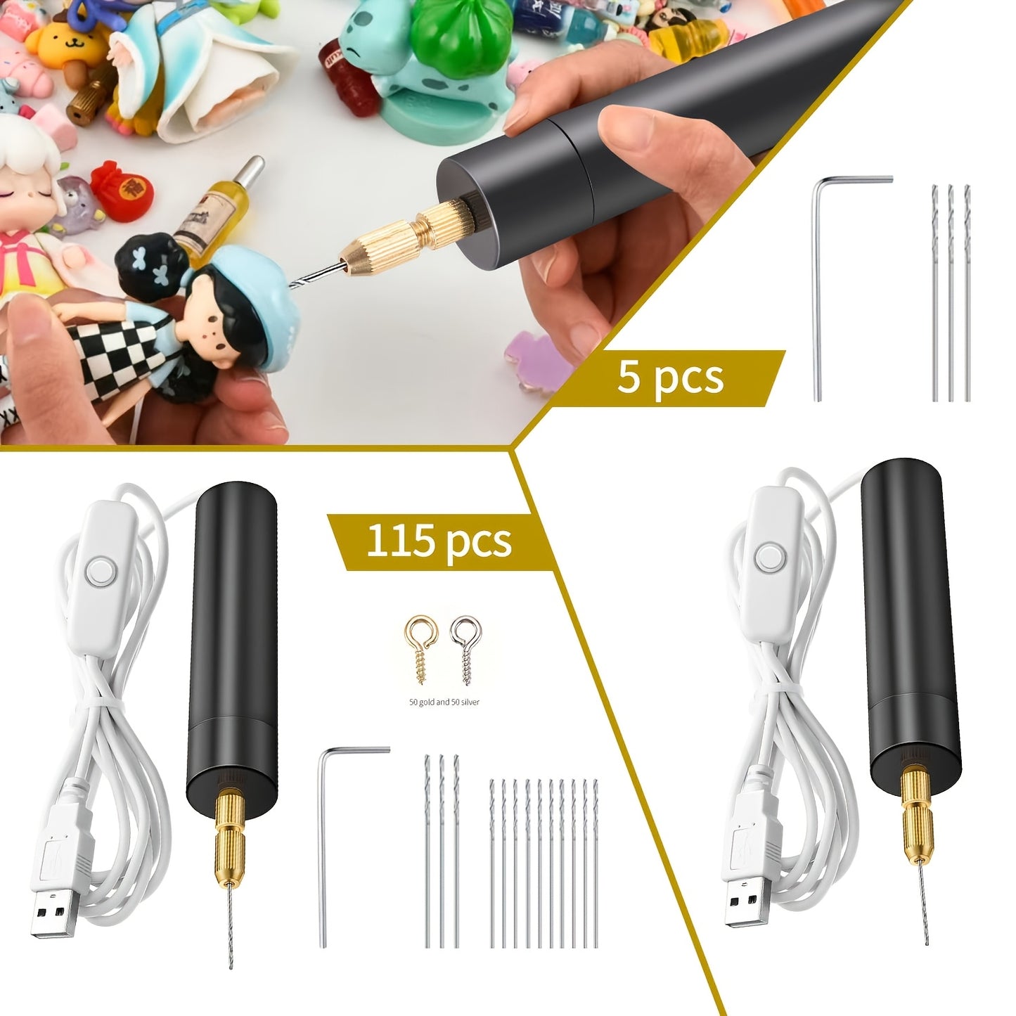 [Mini Electric Drill Bits Kit] 5pcs/115pcs Mini Electric Drill Handheld Drill Bits Kit Epoxy Resin Jewelry Making Wood Craft Tools 5V USB Plug Screwdriver Tool Kit