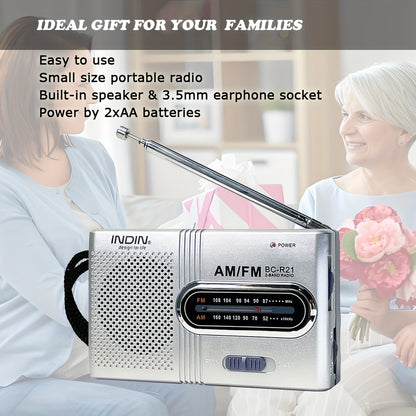 [Portable Mini Radio] INDIN BC-R21 Portable Mini Radio | AM FM Loudspeaker, Headphone Jack, 2AA Battery Operated | Long Range Reception, Pocket Radio for Indoor, Outdoor, Emergency Use, Best Gift