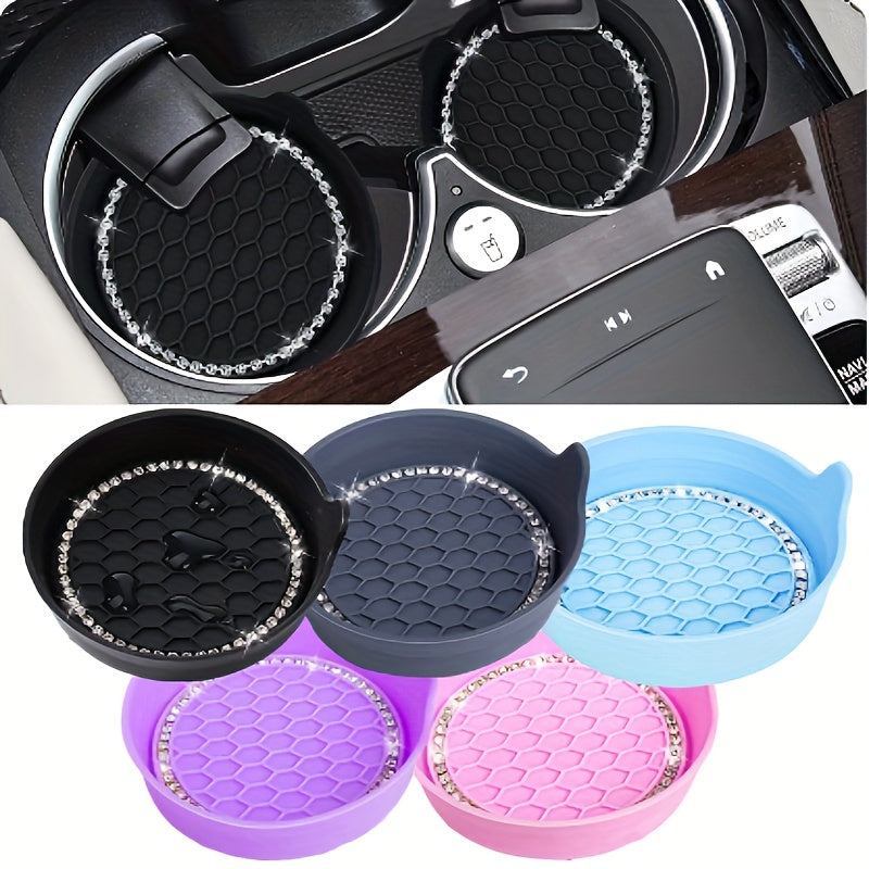 2PCS Silicone Car Cup Coasters with Non-Slip Rhinestone Design, Universal Vehicle Cup Holder Interior Accessories