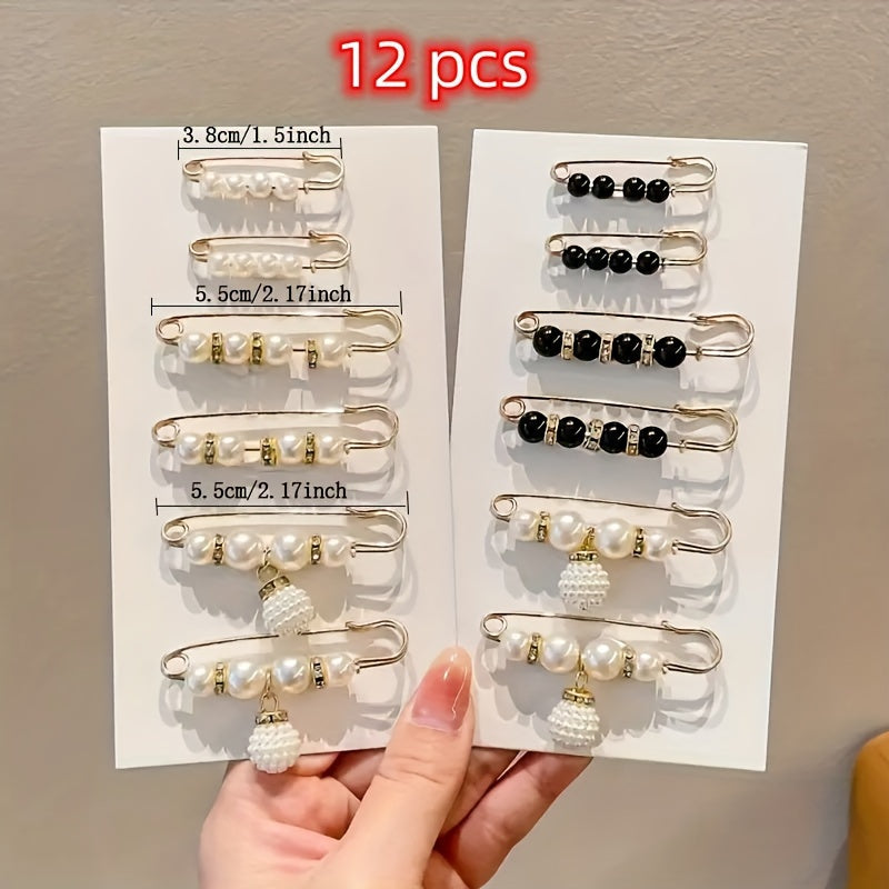 6-Piece Set of Exquisite Elegant Artificial Pearl Brooches - Versatile, Chic, and Timeless Black and White Accessories with Safety Pin Backing for Effortless Styling on Any Outfit, Occasion, or Season