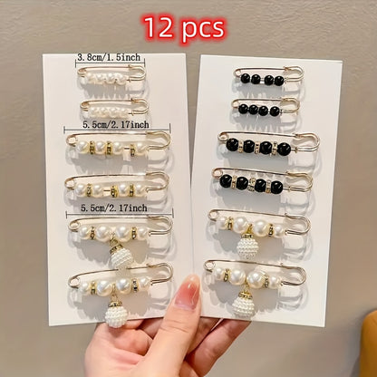 6-Piece Set of Exquisite Elegant Artificial Pearl Brooches - Versatile, Chic, and Timeless Black and White Accessories with Safety Pin Backing for Effortless Styling on Any Outfit, Occasion, or Season