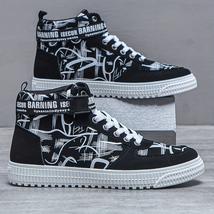 Men'S Fashionable Easy Comfortable Black Mid-Top Casual Sneakers | Non-Slip, Versatile for All Seasons, Faux Upper and Sole, Lace Closure