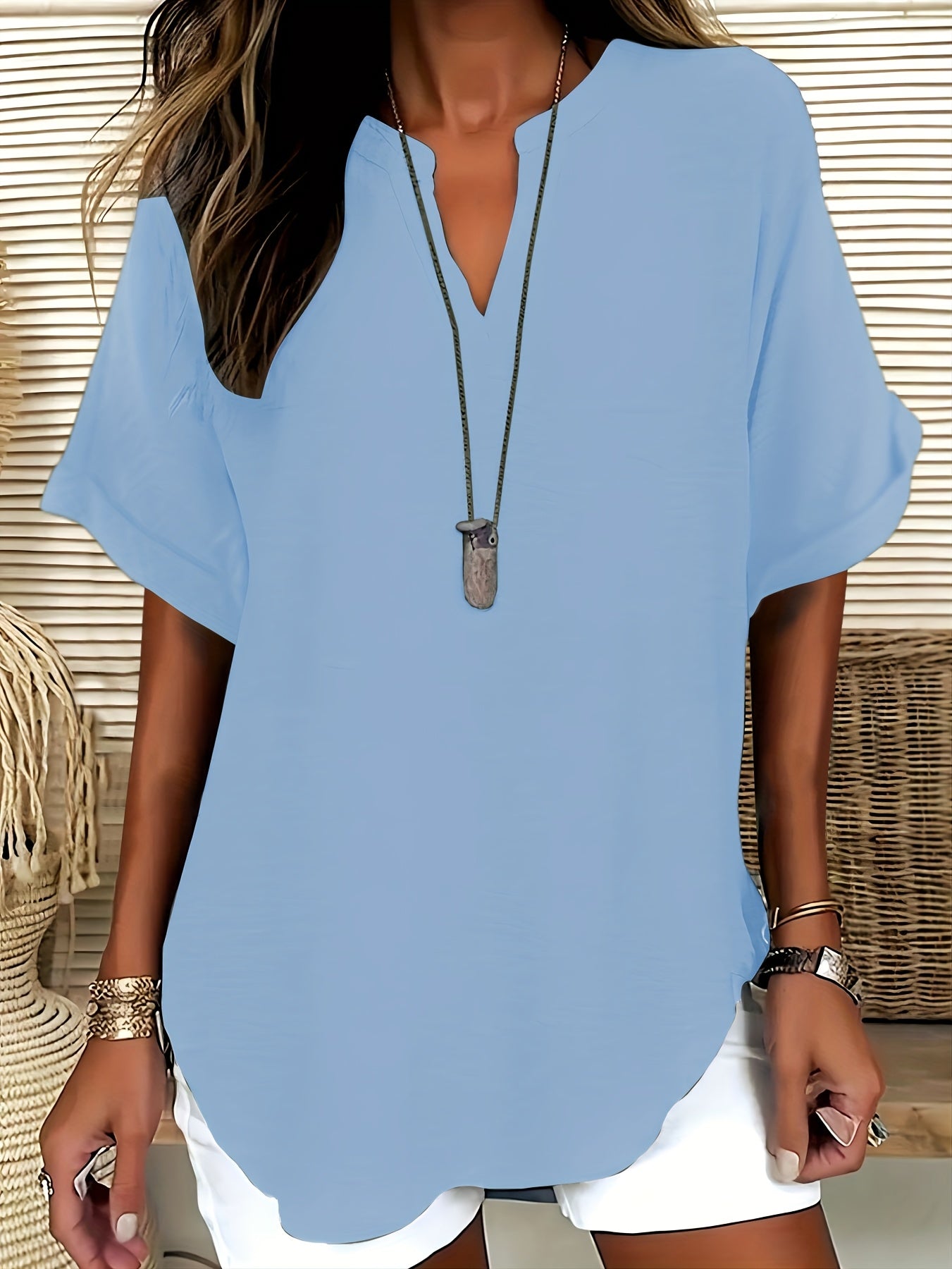 Women's V-Neck Drop Shoulder Sleeveless Solid Color Loose Short Sleeve Shirt Top