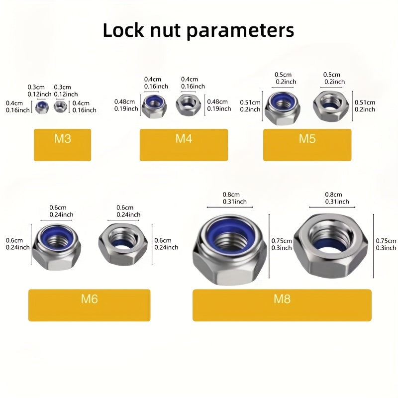 210-Pcs/150-Pcs Nylon Lock Nuts - Nylon Inserts, Full Thread, M3/M4/M5/M6/M8 Locking Design, Hex Screws, Durable Construction, for Industrial and Scientific Applications, Construction, Electrical Repair and Installation, Fasteners without box