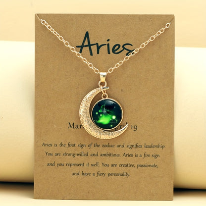 1pc Retro Glow-In-The-Dark Zodiac Moon Pendant Necklace - Vintage Style, Zinc Alloy with Accents, Adjustable Chain for Women - Ideal for Daily Wear & Gifting, Zodiac Jewelry, Gift Jewelry, Vintage Jewelry, Durable Jewelry