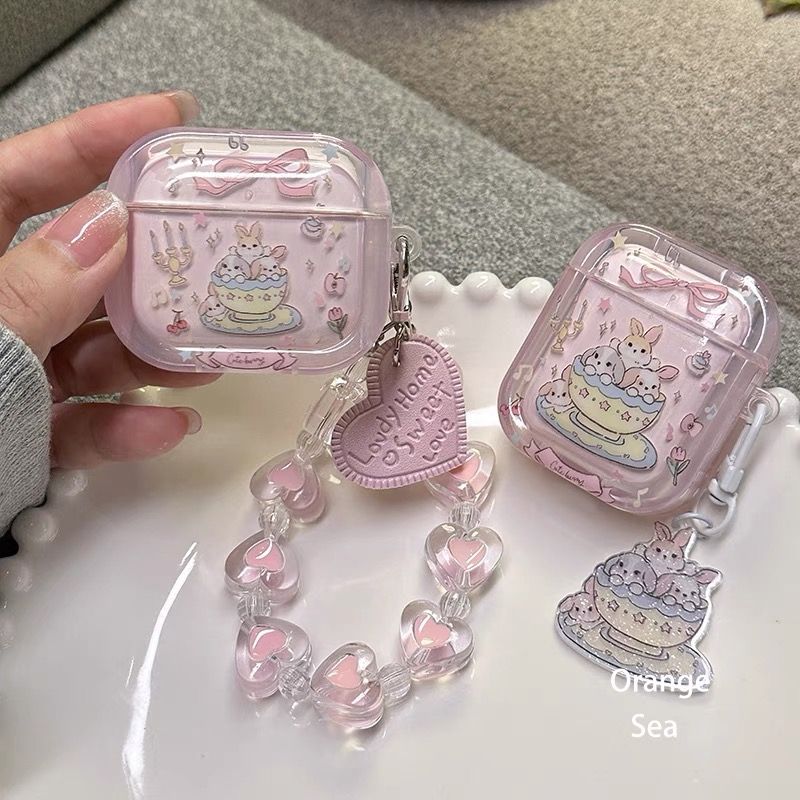 Cute teacup rabbit protective case for apple earphone case airpodspro3 protective case fairy transparent pro2