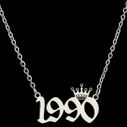 1 Elegant and Stylish Stainless Steel Polished Year Number Necklace, Unique Date Birthday Crown Pendant Necklace Gift for 1980-2024, Versatile Casual Attire Collarbone Chain Holiday Present