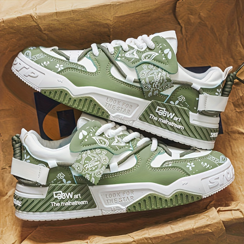 1 Pair Men's & Unisex Low-Top Skate Sneakers - Soft-Soled, Graffiti Camo & Letter Print (TPF/ST) Logo - PU Upper & Cushioned Tread - All-Season Casual Shoes for Skateboarding, College, Commuting - Black/Blue/Green