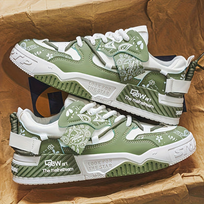 1 Pair Men's & Unisex Low-Top Skate Sneakers - Soft-Soled, Graffiti Camo & Letter Print (TPF/ST) Logo - PU Upper & Cushioned Tread - All-Season Casual Shoes for Skateboarding, College, Commuting - Black/Blue/Green