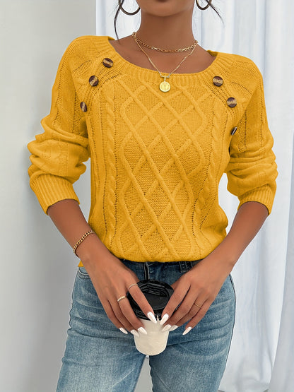 New Round Neck Textured Button Lantern Sleeve Sweater