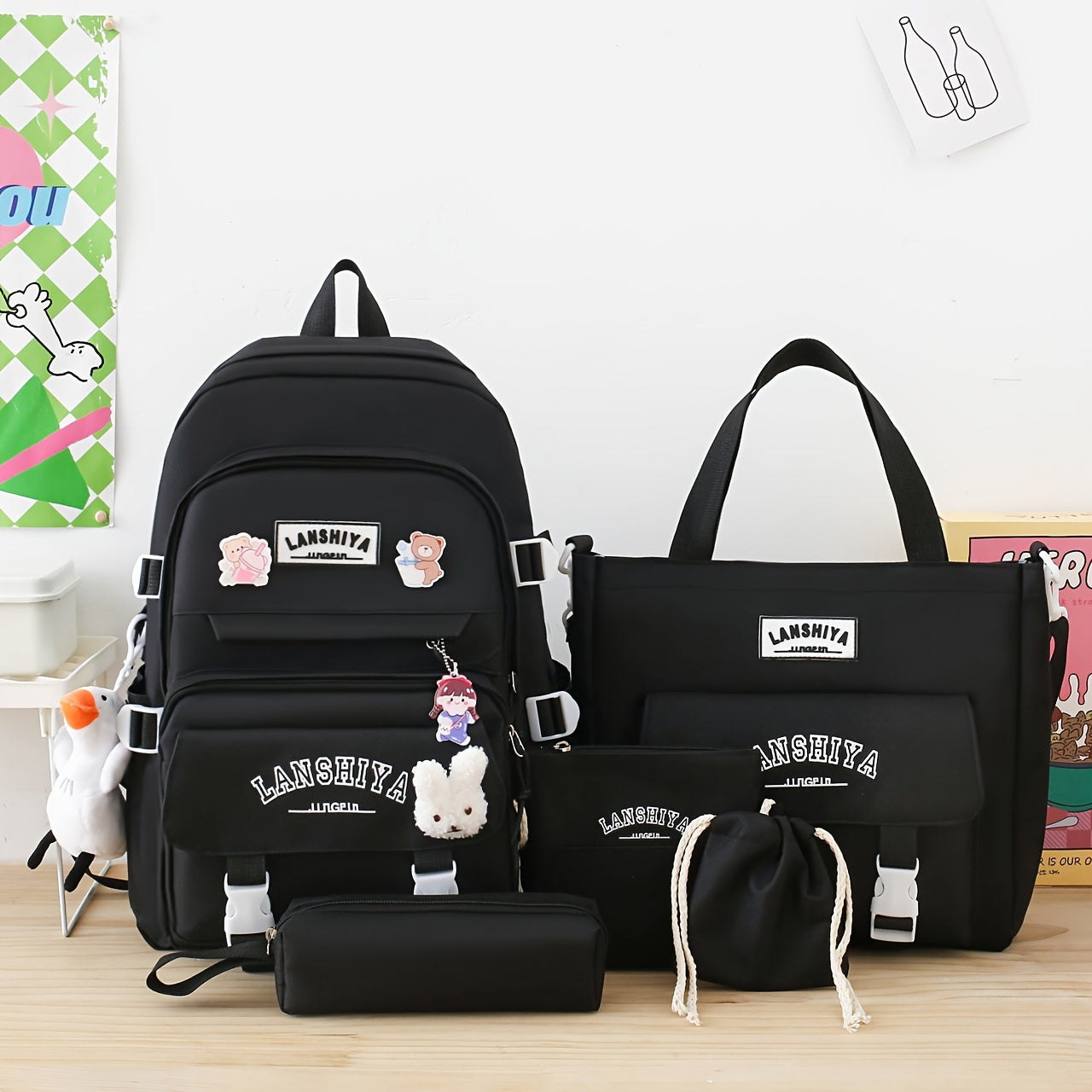 5 Solid Color Backpack Sets, Large Capacity Backpack, Easy Handbag Coin Purse, Casual Crossbody Bag, Pencil Case Handbag, Lightweight Student Schoolbag Set, Free Little Duck Pendant, Free 3 Badges And Little Rabbit Pendant