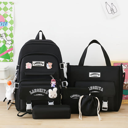 5 Solid Color Backpack Sets, Large Capacity Backpack, Easy Handbag Coin Purse, Casual Crossbody Bag, Pencil Case Handbag, Lightweight Student Schoolbag Set, Free Little Duck Pendant, Free 3 Badges And Little Rabbit Pendant