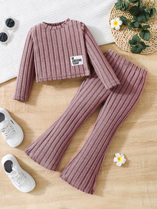 Young Girl Letter Collage Detail T-Shirt And Flared Pants, for Outdoor
