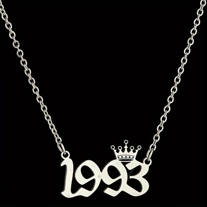 1 Elegant and Stylish Stainless Steel Polished Year Number Necklace, Unique Date Birthday Crown Pendant Necklace Gift for 1980-2024, Versatile Casual Attire Collarbone Chain Holiday Present