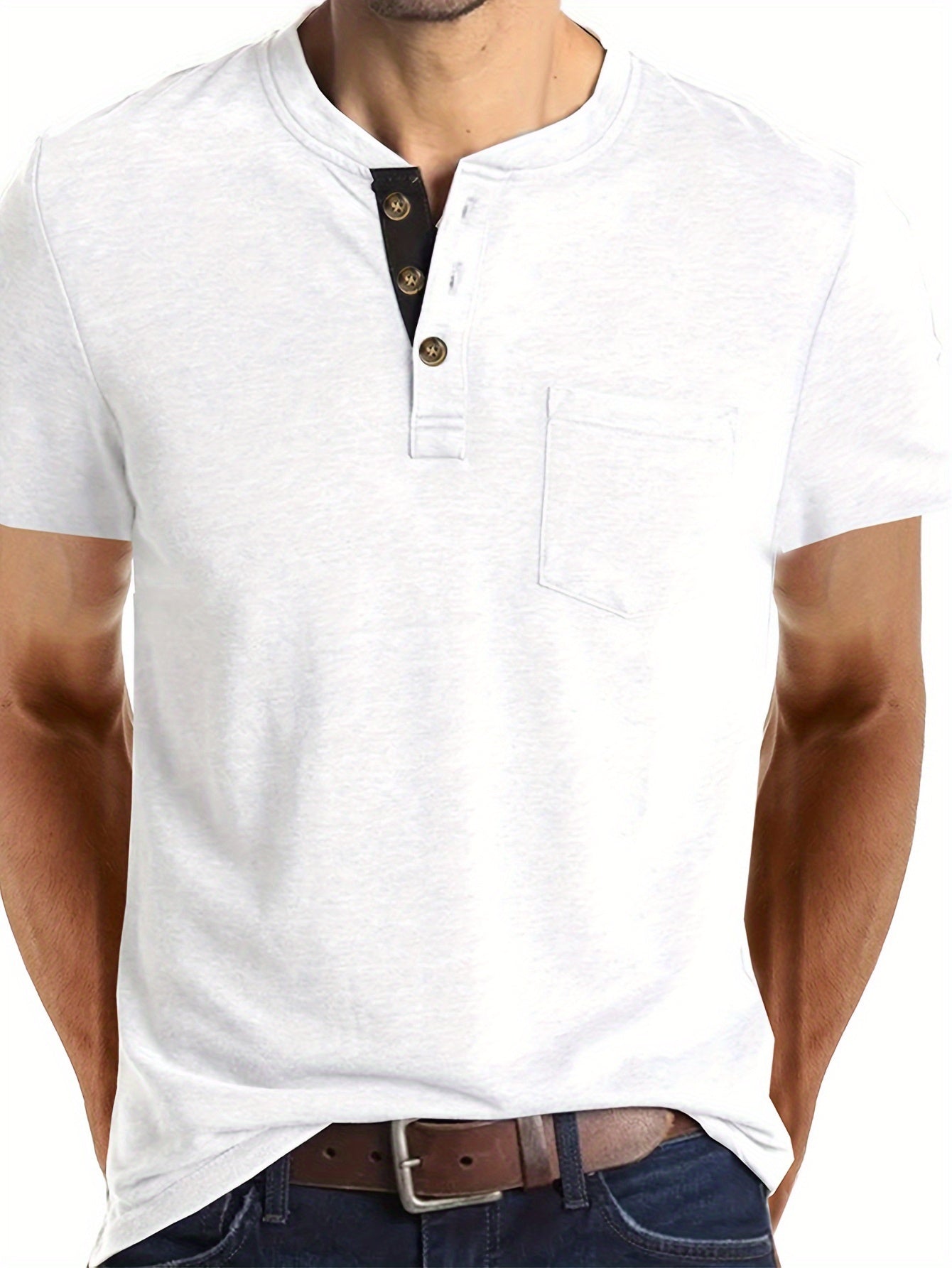 Men's Summer Casual Short Sleeve T-Shirt - Breathable Blend Round Neck Henley-Style Button Front, Semi-Sheer Fabric, Machine Washable Regular Fit for Outdoor & Casual Attire, Relaxed Style, Buttonfront Design, Easy Care, Buttonup Shirt, Warm Weather
