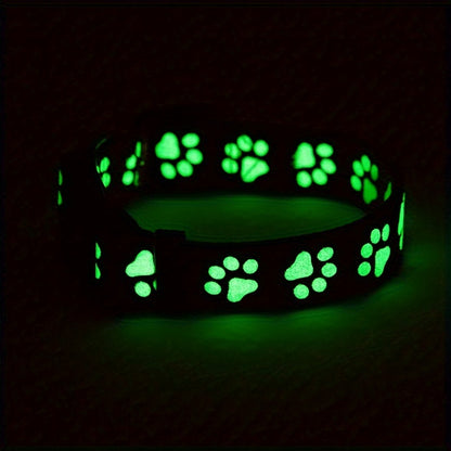 [1pc Glow Dog Collar Adjustable] 1pc Paw Print Glow in the Dark Dog Collar, Adjustable Head and Snap Buckle, Polyester Material, Animal Print Pattern, Night Visibility for Indoor and Outdoor Use