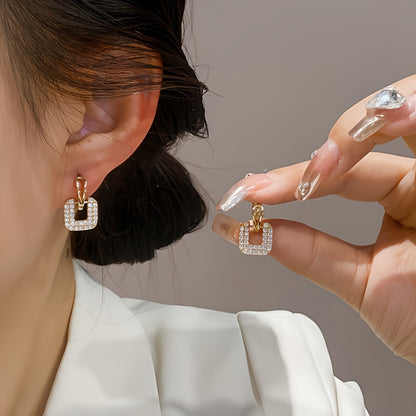 Trendy New Personalized Versatile Square Geometric Earrings with Full Rhinestones