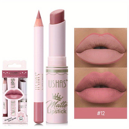 24 Hour Waterproof Velvet Matte Lipstick + Lip Liner - Nonstick Cup Lipgloss Lip Stain Pigmented Lip Makeup - Golden Box Nude Lipstick Valentine's Day Gifts
