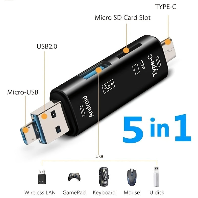 5-In-1 Multifunctional USB 2.0 Type C/Usb/Micro USB/TF/SD Memory Card Reader OTG Adapter for Mobile Devices.