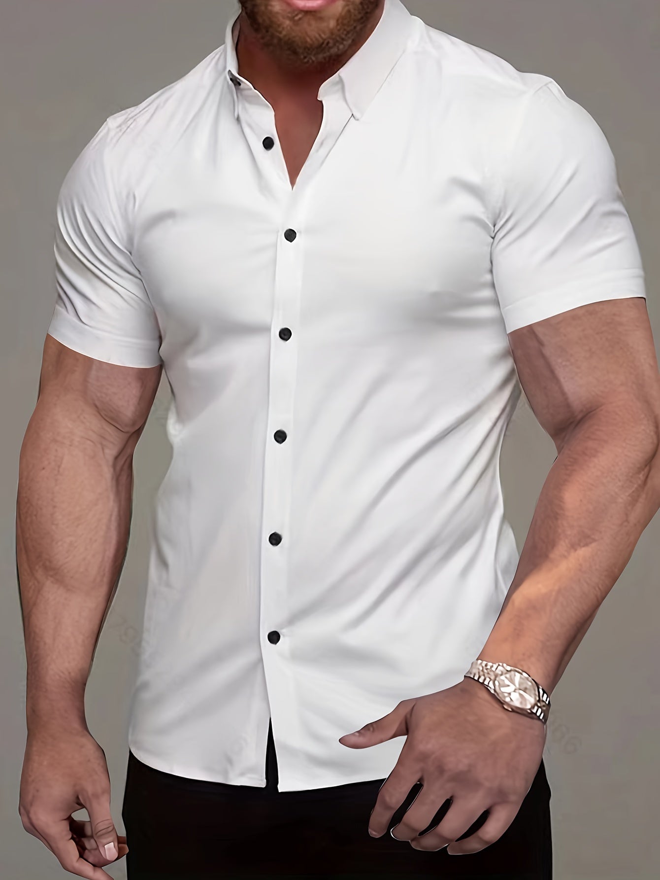 Muscle Man Fitness Short Sleeve Lapel Shirt | Non-Stretch, Solid Color, Button Detail, Summer Business Casual Non-Iron Shirt