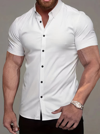 Muscle Man Fitness Short Sleeve Lapel Shirt | Non-Stretch, Solid Color, Button Detail, Summer Business Casual Non-Iron Shirt