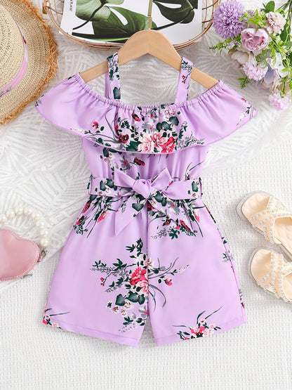 HWMFSNHFZ Girls' Off-Shoulder Floral Print Jumpsuit with Ruffled Sleeves & Waist Bow - Vibrant Pink & Green Summer Casual Outfit, Short Sleeveless Dress for Playdates & Outings, Playful Design, Comfortable Fit, for Outdoor