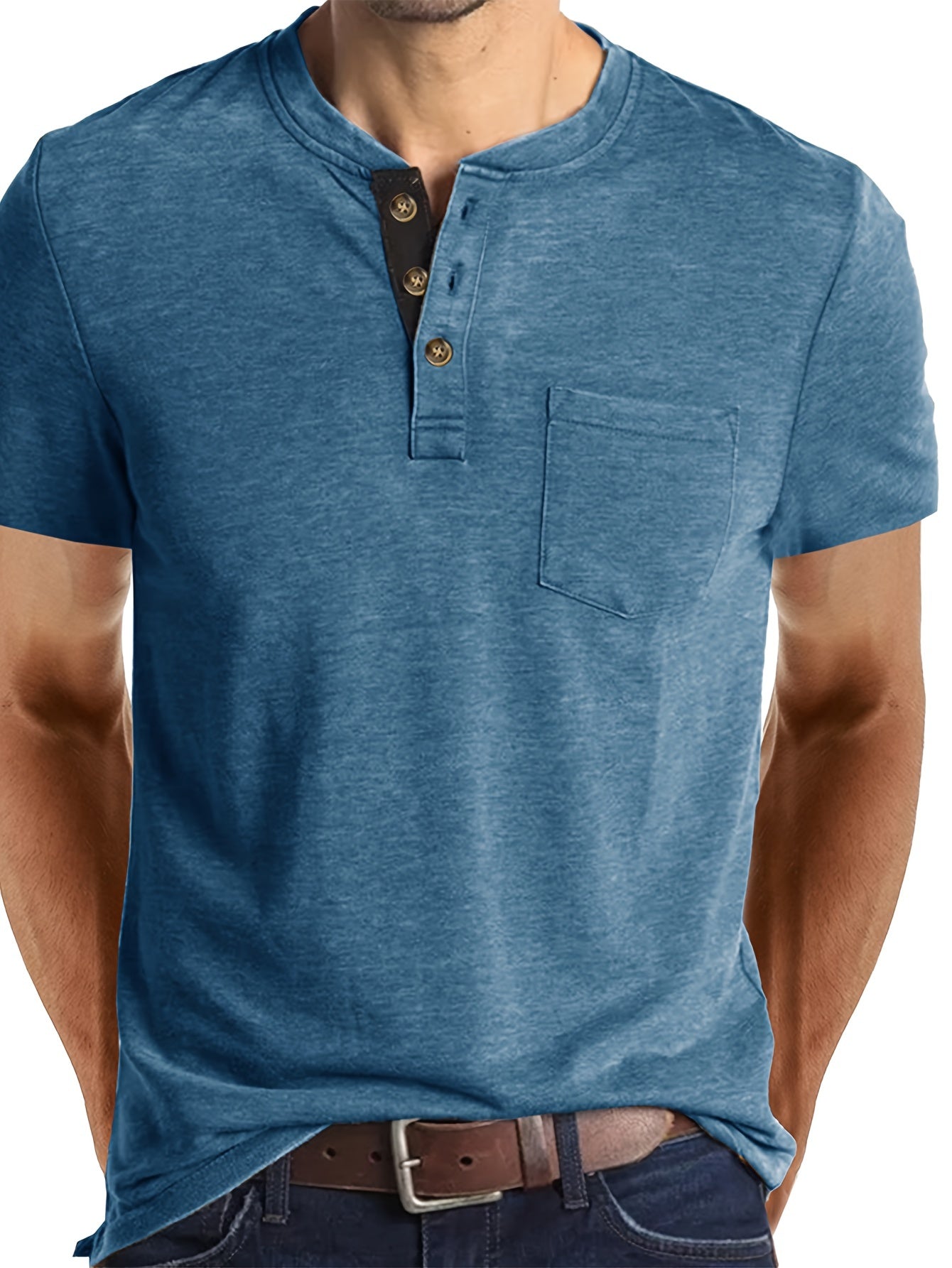 Men's Summer Casual Short Sleeve T-Shirt - Breathable Blend Round Neck Henley-Style Button Front, Semi-Sheer Fabric, Machine Washable Regular Fit for Outdoor & Casual Attire, Relaxed Style, Buttonfront Design, Easy Care, Buttonup Shirt, Warm Weather
