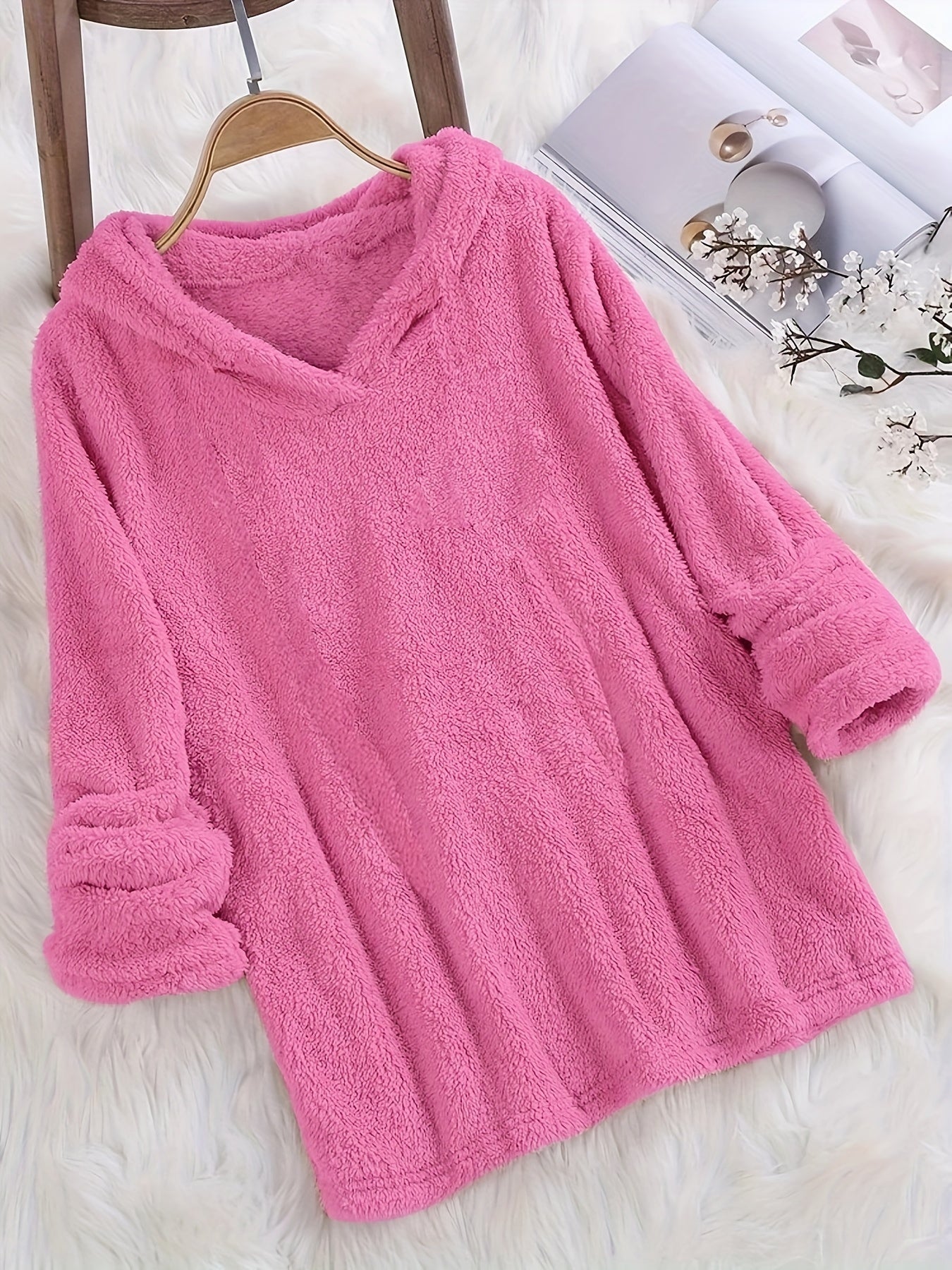 Fashion Women's Standard Size Fuzzy Pullover Solid Color Hoodie