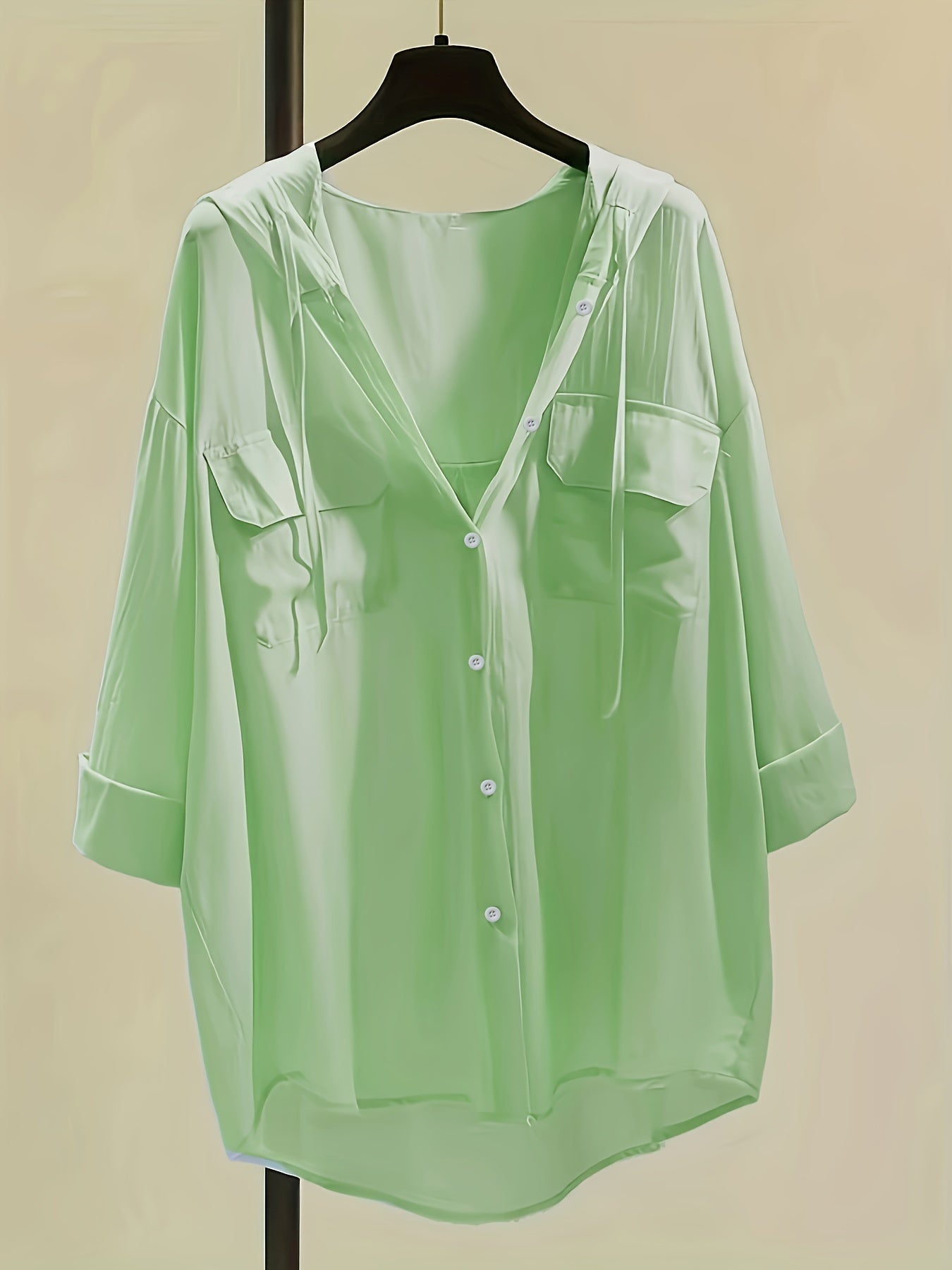 Solid Pocket Button Hooded Blouse, Casual Drawstring Blouse For Spring & Summer, Women's Clothing