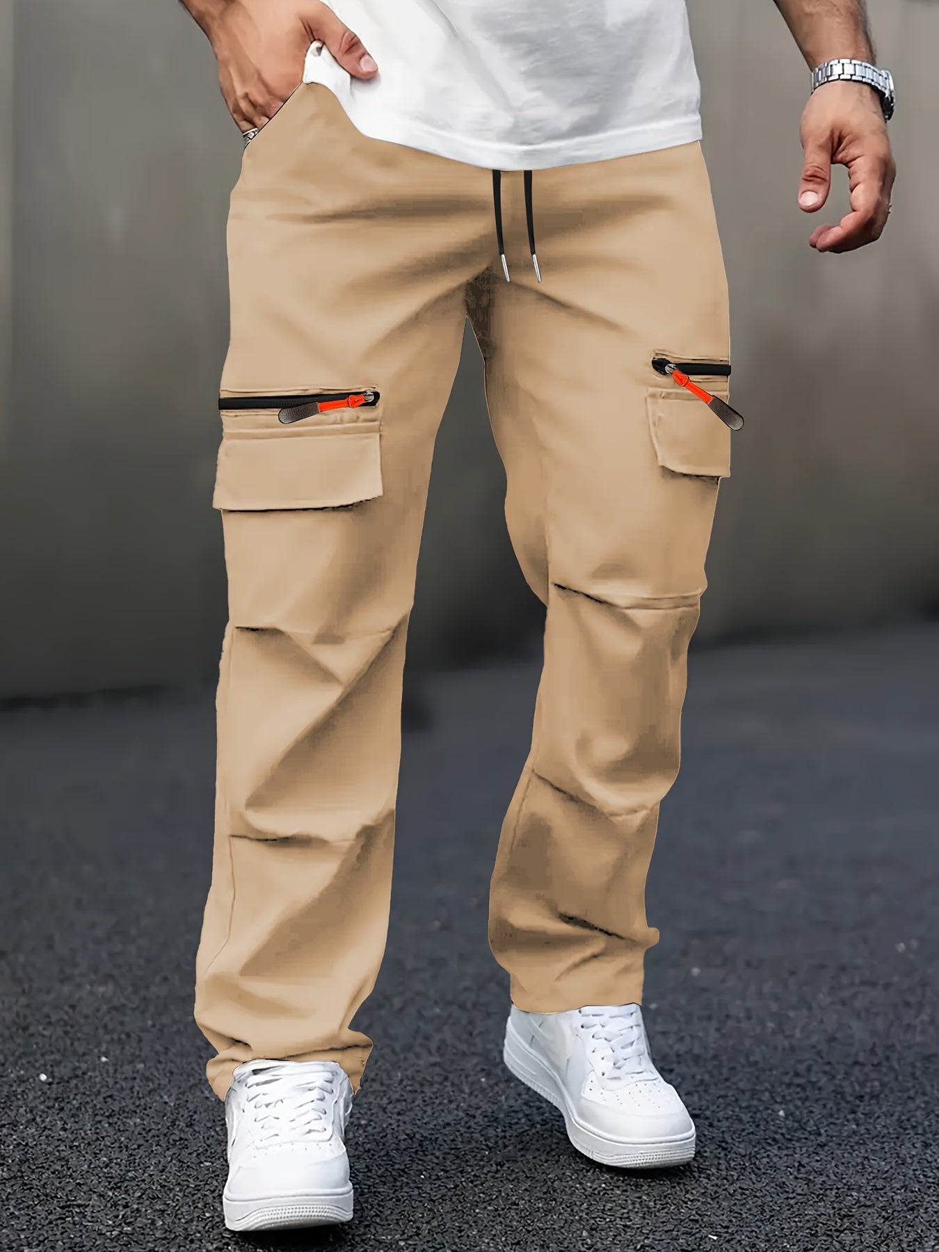 Men's Casual Cargo Pants with Multiple Pockets - Straight Leg, Loose Fit,, Zipper Details, Perfect for Spring and Fall