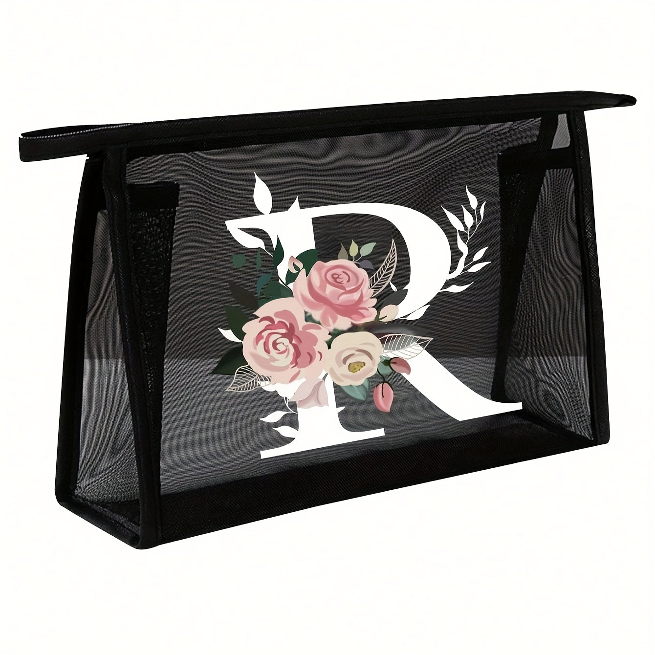 1pc Black Mesh Toiletries Storage Bag | Large Capacity Pink Flowers With White Letters A-Z, Transparent Mesh, Multi-Functional Travel Portable Bag, Lipstick Skin Care Storage, Easy And High-End, Jewelry Storage, Foldable And Lightweight