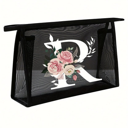 1pc Black Mesh Toiletries Storage Bag | Large Capacity Pink Flowers With White Letters A-Z, Transparent Mesh, Multi-Functional Travel Portable Bag, Lipstick Skin Care Storage, Easy And High-End, Jewelry Storage, Foldable And Lightweight