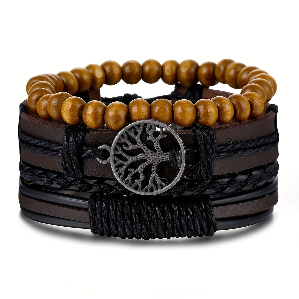 Men's 4pcs Mobius Loop Denim Faux Leather Bracelet Set - Vintage Infinity Bead Multi-Layer Band for Rock & Carnival Fashion, Band, Faux Leather