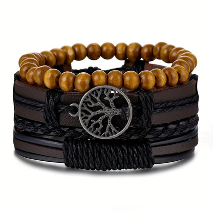 Men's 4pcs Mobius Loop Denim Faux Leather Bracelet Set - Vintage Infinity Bead Multi-Layer Band for Rock & Carnival Fashion, Band, Faux Leather