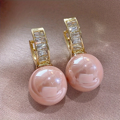 Copper Hoop Earrings with Pink Imitation Pearl Design, Elegant Simple Style for Women, Party Dating Jewelry
