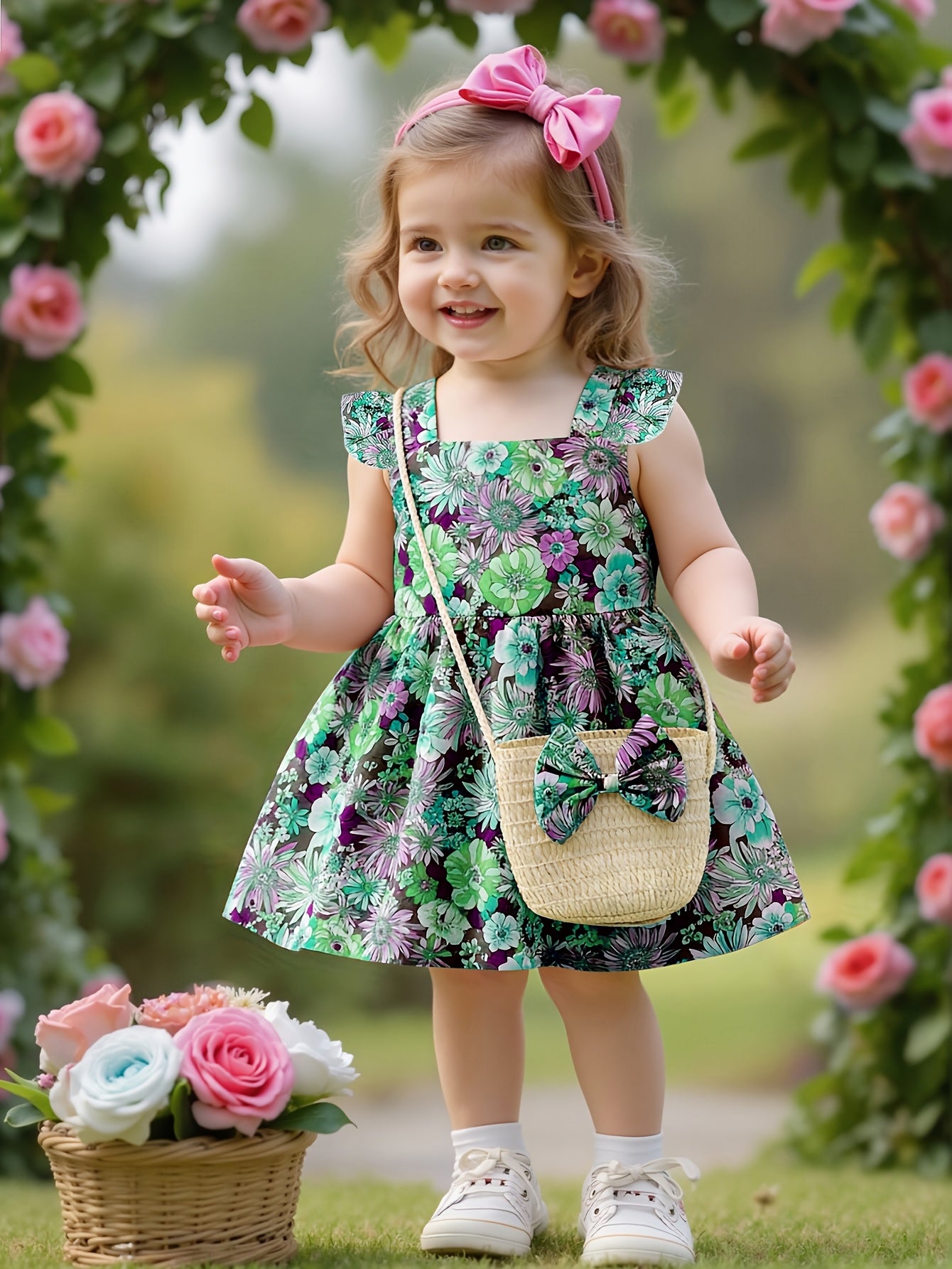 Girl's Floral Print Dress with Woven Straw Bag, Sweet and Cute Outdoor Outfit for Kids and Babies, Birthday and Holiday Gift for Children, Adorable Sweet Style Casual Outerwear for Little Girls, Breathable and Comfortable Stylish Children's Clothing