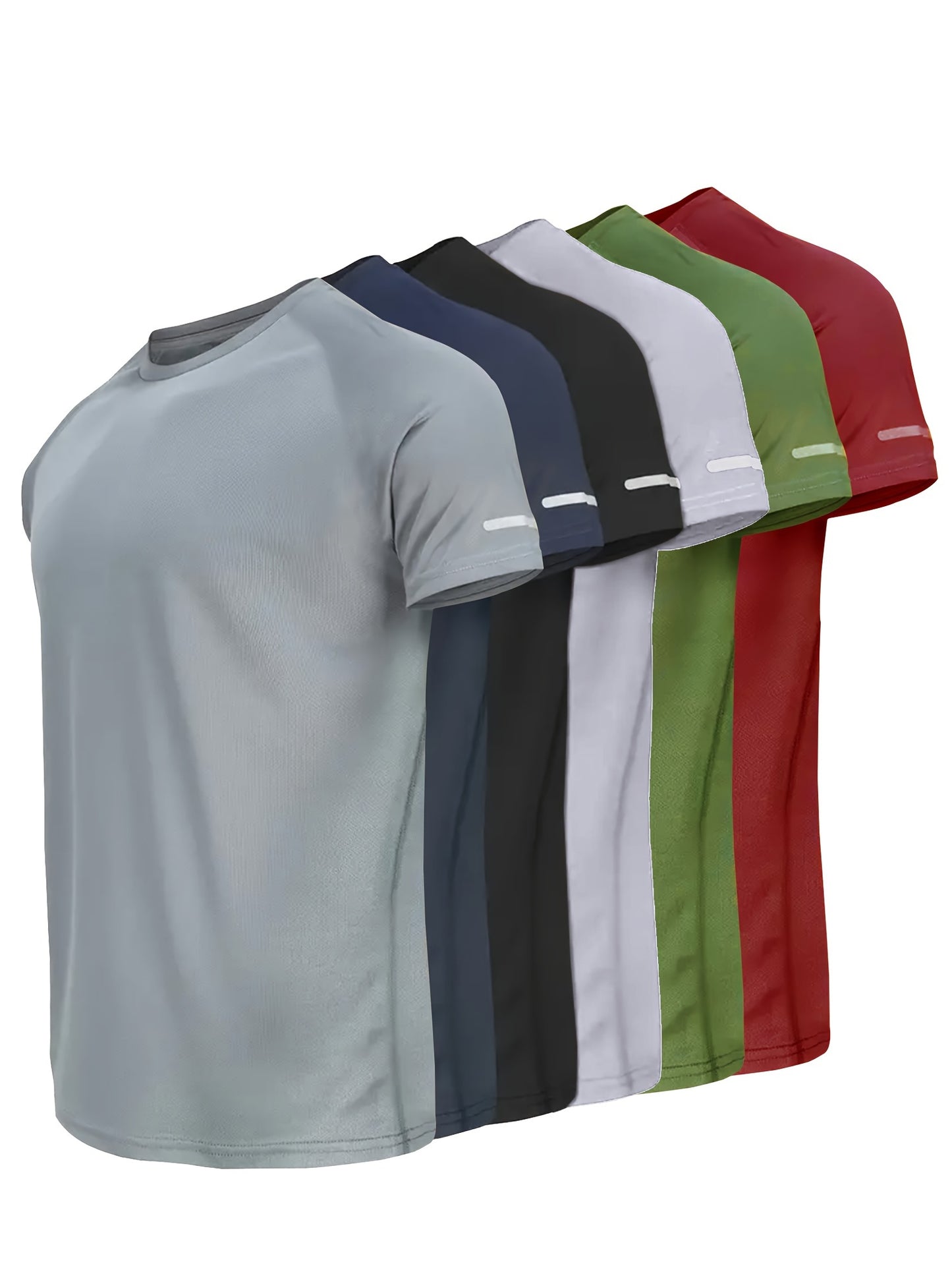 6-Pack Gray-Blue-Black-White-Army Green-Dark Red Casual Sport Print Reflective Stripe T-Shirts, Breathable Quick-Dry Short Sleeve Round Neck Tops, Running Shirts, Moisture-Wicking T-Shirts, Gym Workout Short Sleeve Shirts