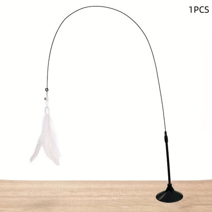 Playful Cat Accessory/Feathers, Artificial And Realistic Options/Sturdy Long Stick, Durable Wire/Suction Cup Base/Operates Without Batteries/Perfect for Small Dogs