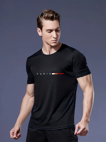 3pcs Men'S Lightweight Breathable T-Shirts - Quick-Dry Moisture-Wicking Round Neck Tops with Paris Print, All-Season Casual & Formal Wear, Sweat-Resistant