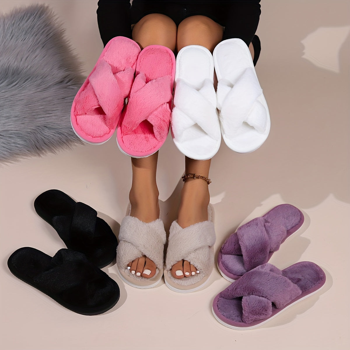 Women's Cross-Strap Open-Toe Home Slippers, Furry Slippers for Women, Autumn/Winter Outdoor Wear, Non-Slip Indoor Thick-Soled House Slippers, Fluffy Postpartum Slippers, Open-Toe Winter Slippers, Women Shoes