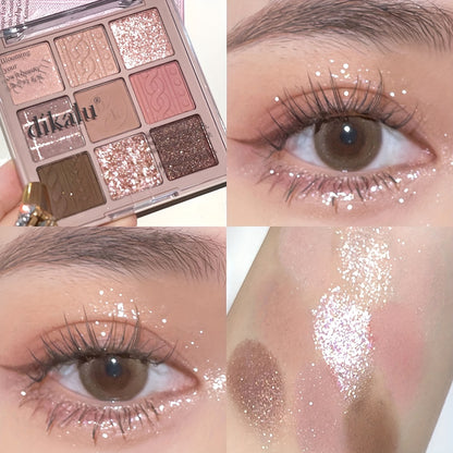 A 9-Color Eyeshadow Palette Featuring Low-Saturation Matte And Shimmer Velvet Textures in Earthy Tones, Taro, Milk Tea, And Powdery Purple Shades That Are Waterproof And Long-Lasting Without Smudging