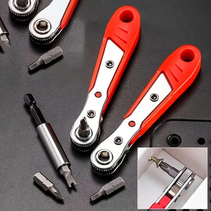 A Red Ratchet Screwdriver with a Narrow Space Ratchet Handle, Allowing for Forward And Backward Operation in Five Different Positions. It Features an Elbow Right-Angle Design And Includes a Phillips Screwdriver Function. The Non-Slip Grip Makes It Suitabl